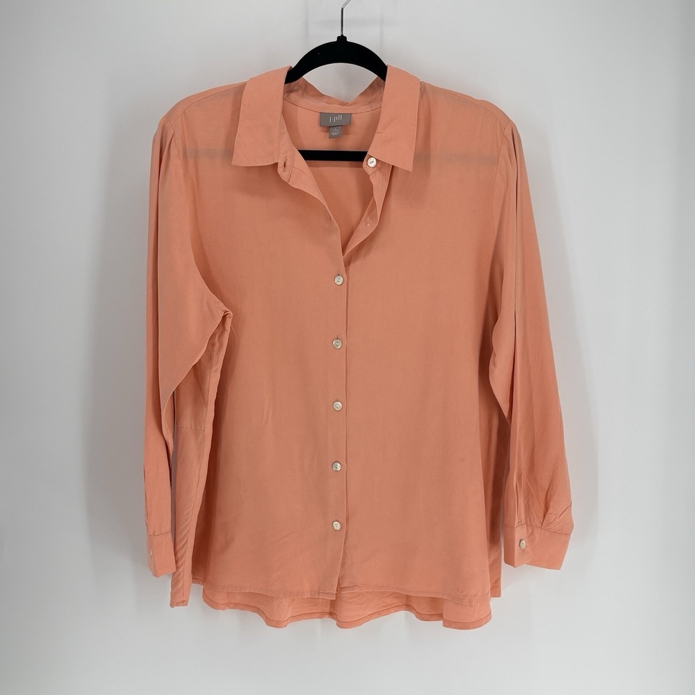 J. Jill Silk Blouse Women's Large Petite Salmon Long Sleeve Peplum Back